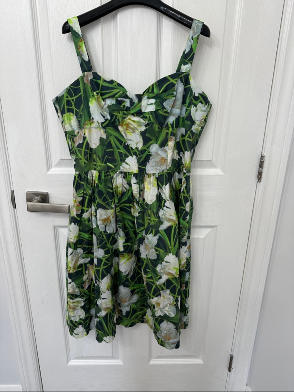 Authentic Oscar de la Renta Green Floral Midi Dress with White Flowers